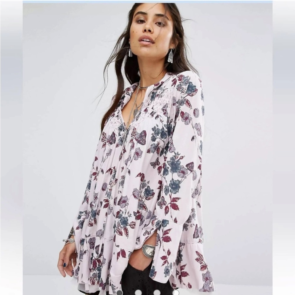 Free People Crepe So Fine Long Sleeve Floral Tunic Top